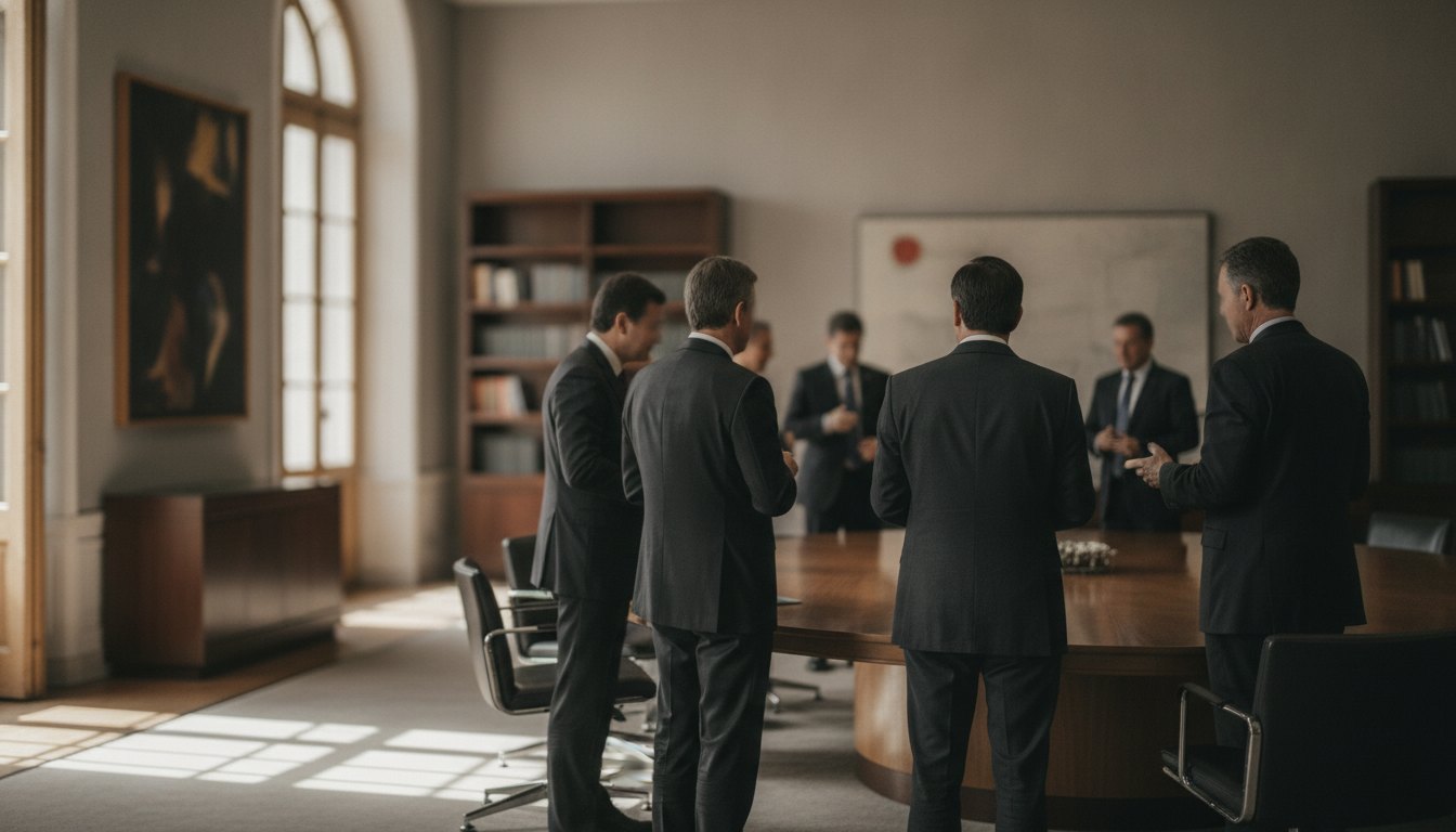 Parlamentares engravatados conversam ao redor de uma mesa redonda em uma sala de reuniões fechada.
