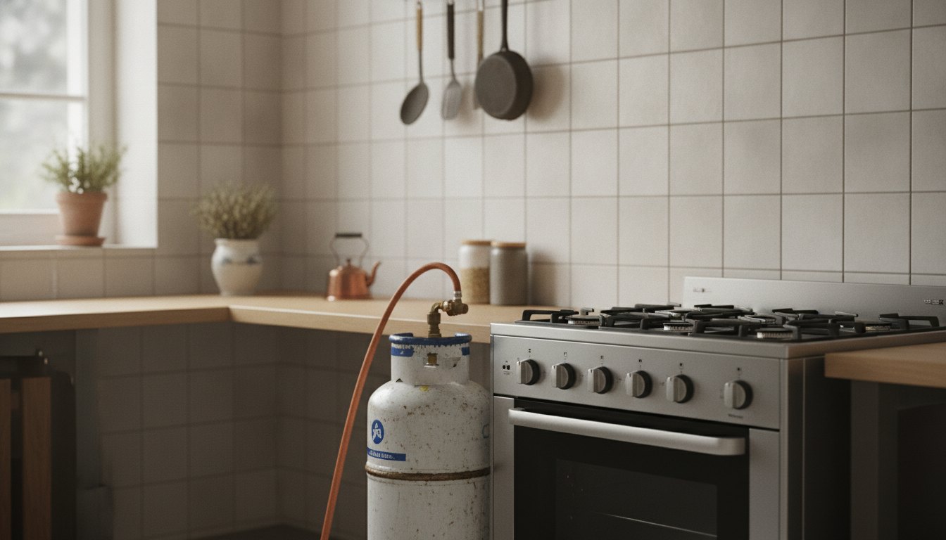 Botijão conectado a um fogão em uma cozinha com azulejos claros e iluminação natural.