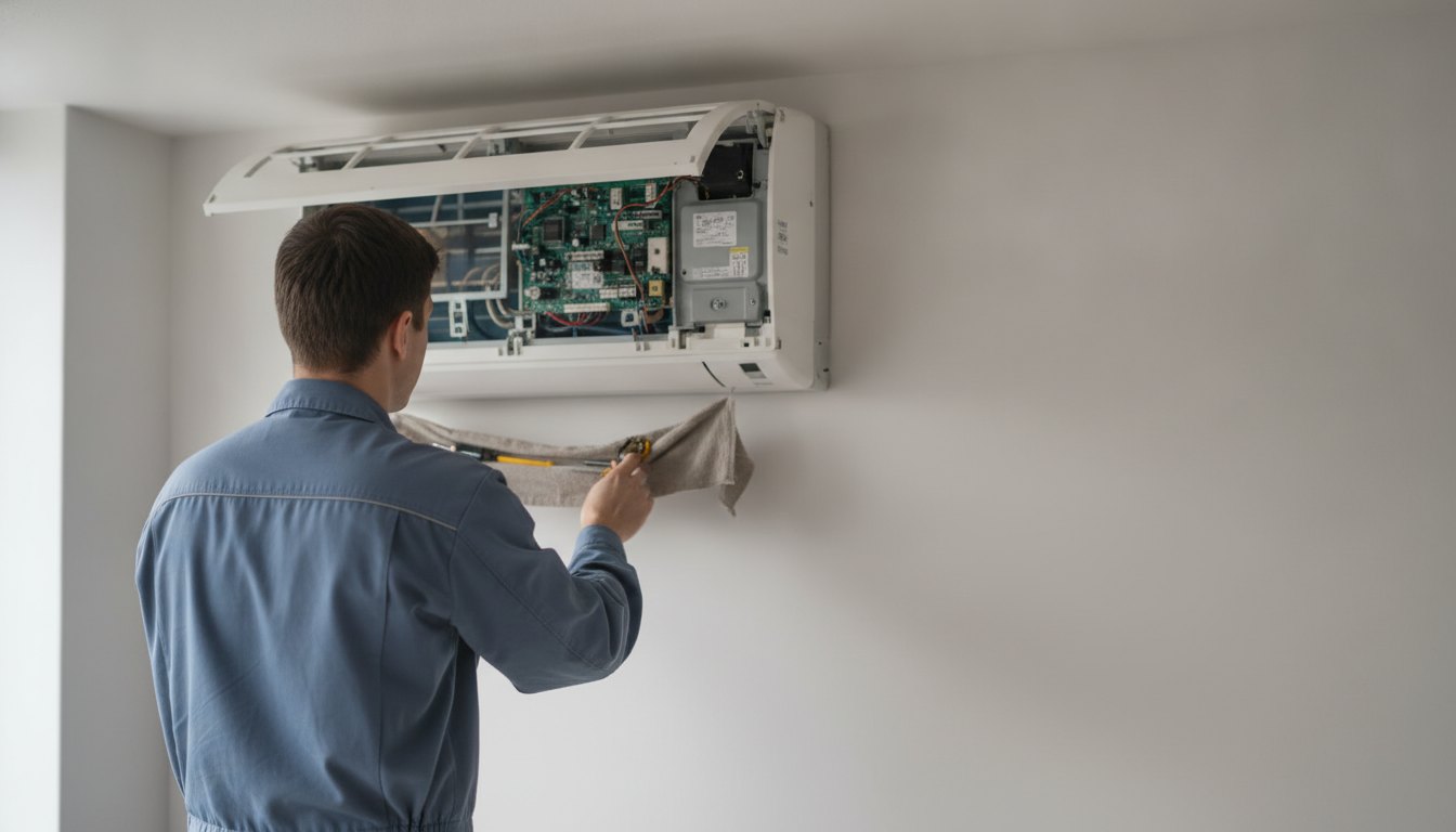 Técnico de costas mexendo no painel de um aparelho de ar-condicionado aberto na parede.