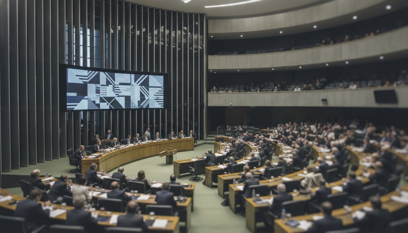 Plenário do congresso nacional com deputados debatendo durante uma sessão de comissão sobre direitos comerciais.