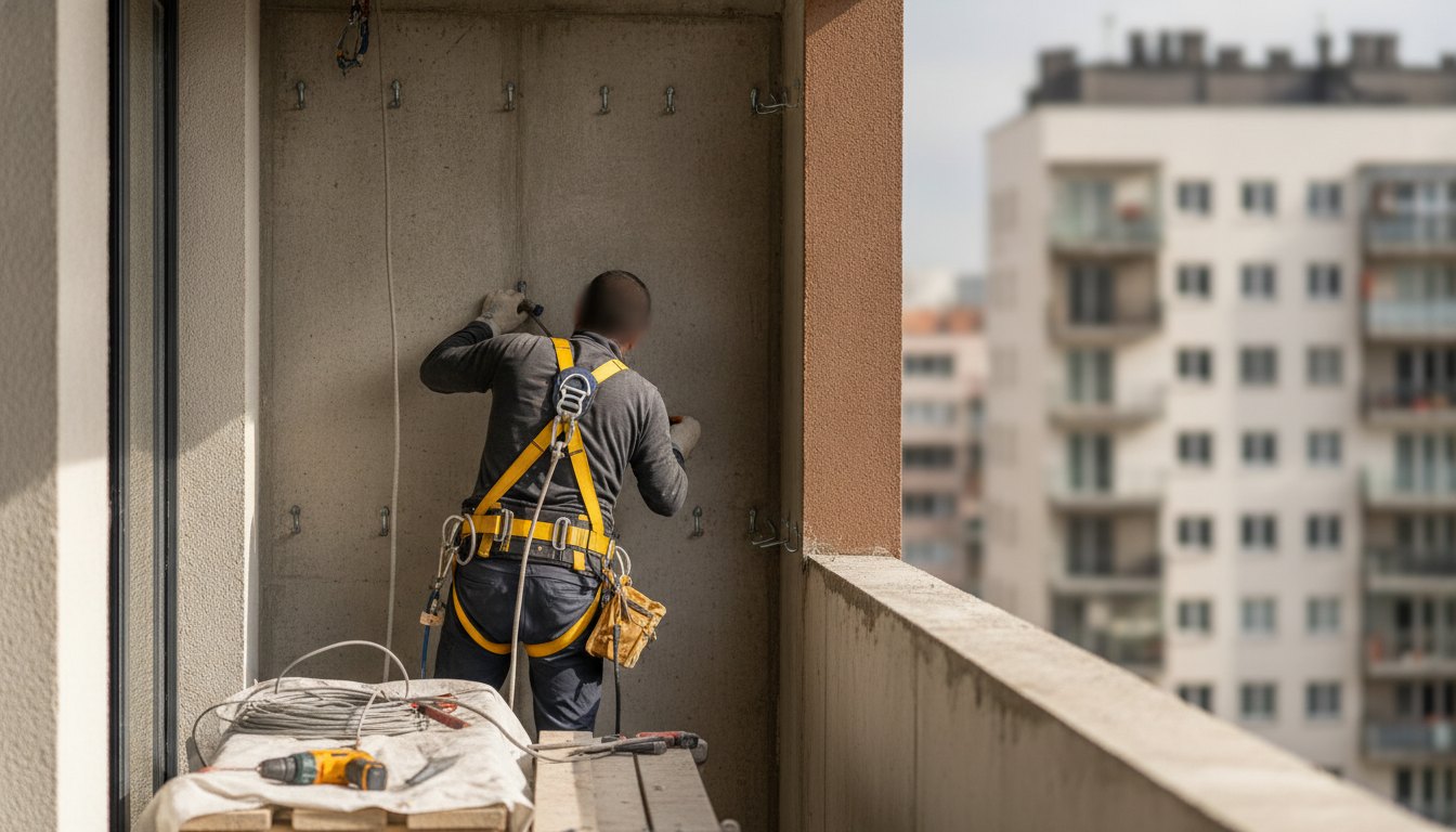 Trabalhador com cinto de segurança fixando ganchos metálicos na parede externa de uma sacada residencial.