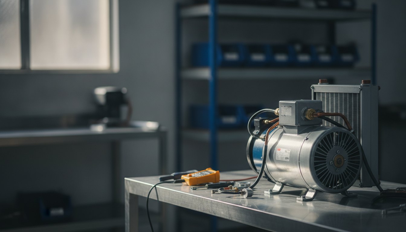 Técnico inspecionando o motor de uma geladeira em uma bancada iluminada.