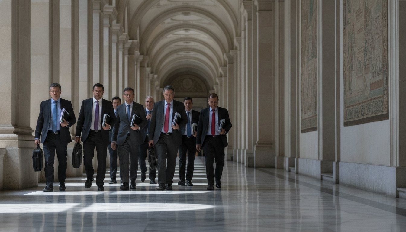 Prefeitos e assessores caminhando pelos corredores do Congresso Nacional com documentos nas mãos.