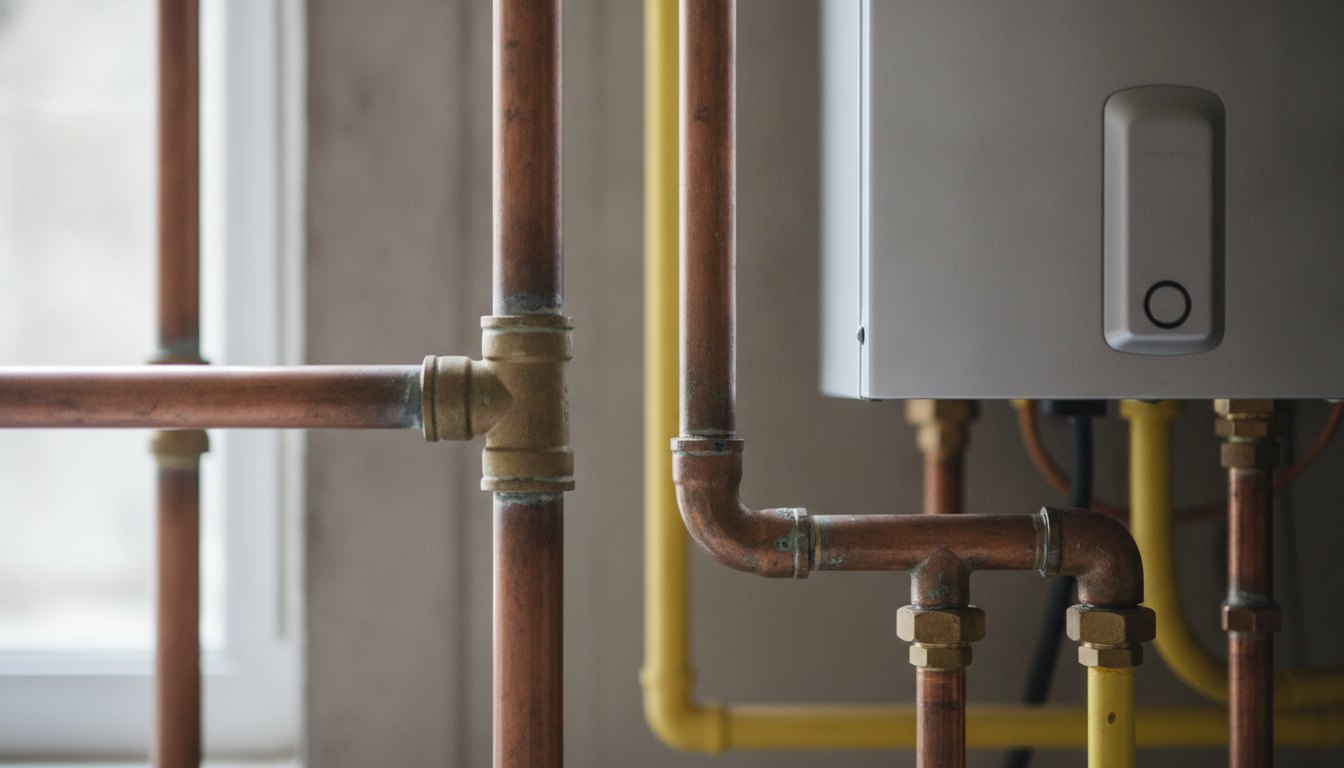 Encanamentos de cobre e tubos de gás próximos a um aquecedor de água.