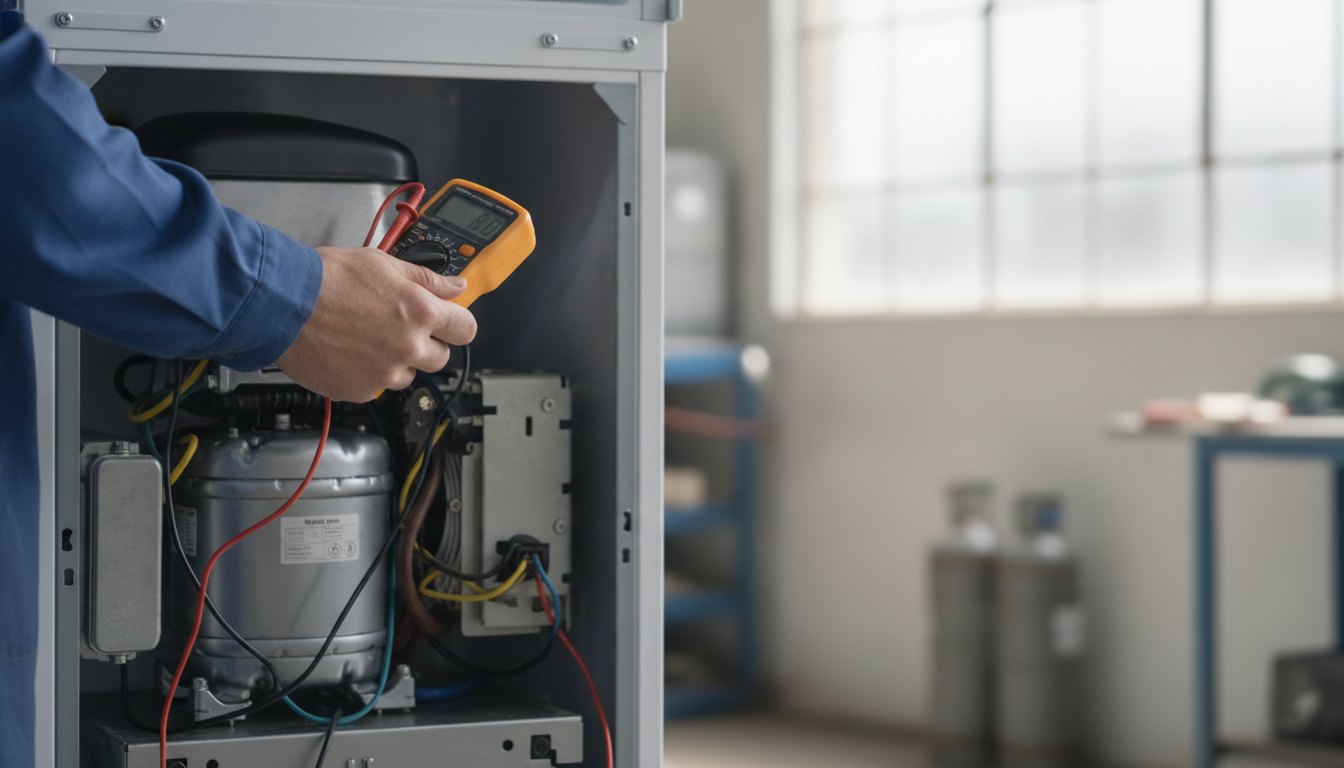 Um técnico de refrigeração inspeciona o motor de uma geladeira com um multímetro digital.