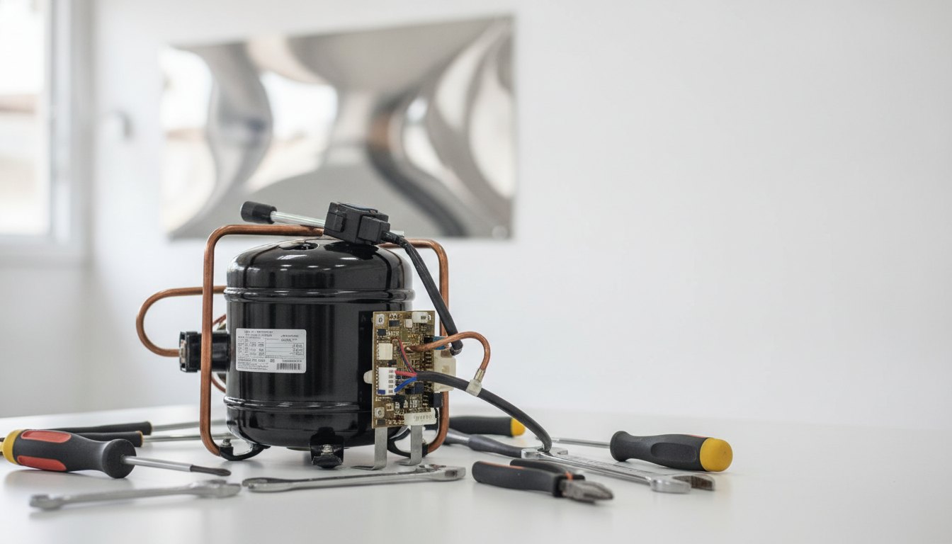 Técnico inspeciona o motor de uma geladeira residencial com ferramentas manuais.