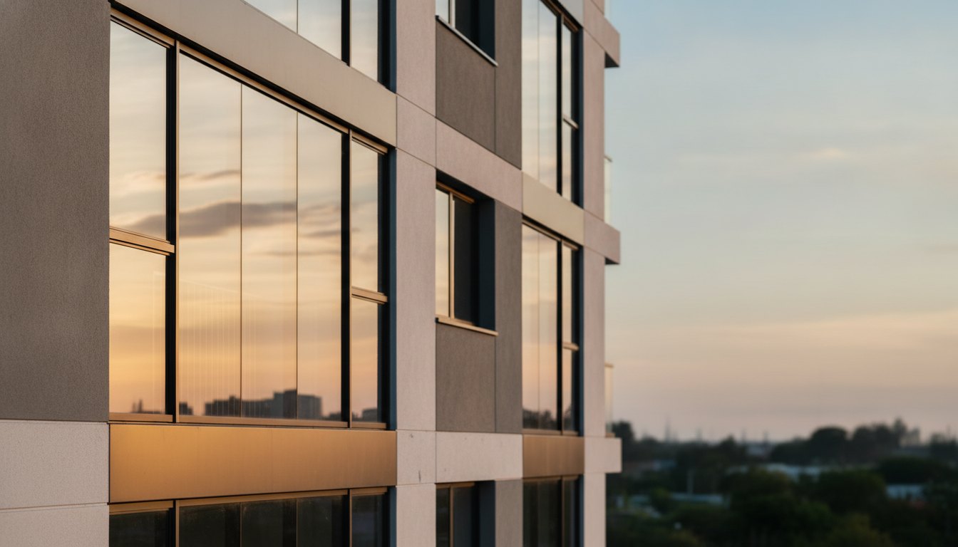 Fachada de um prédio residencial com janelas de vidro refletindo a luz do sol.