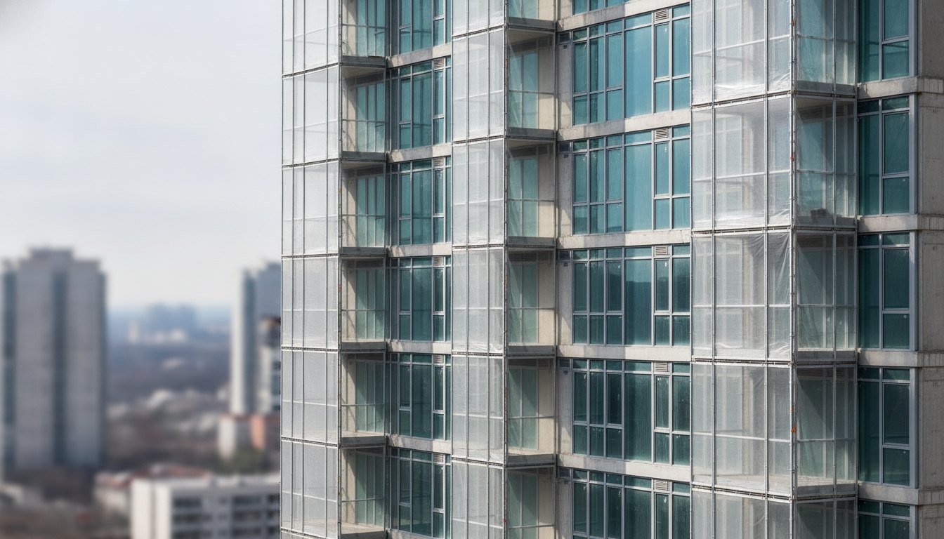 Fachada de um edifício residencial alto com janelas e varandas isoladas por barreiras de contenção.