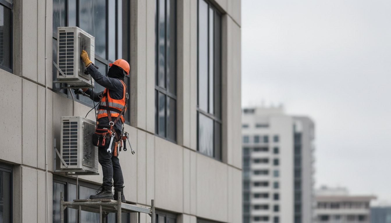 Técnico com equipamento de segurança fixando unidade externa de climatizador na fachada de um edifício.