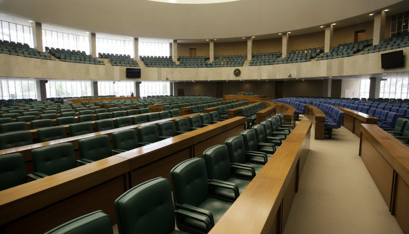Plenário do Congresso Nacional vazio, com foco nas cadeiras verdes e azuis das duas casas.
