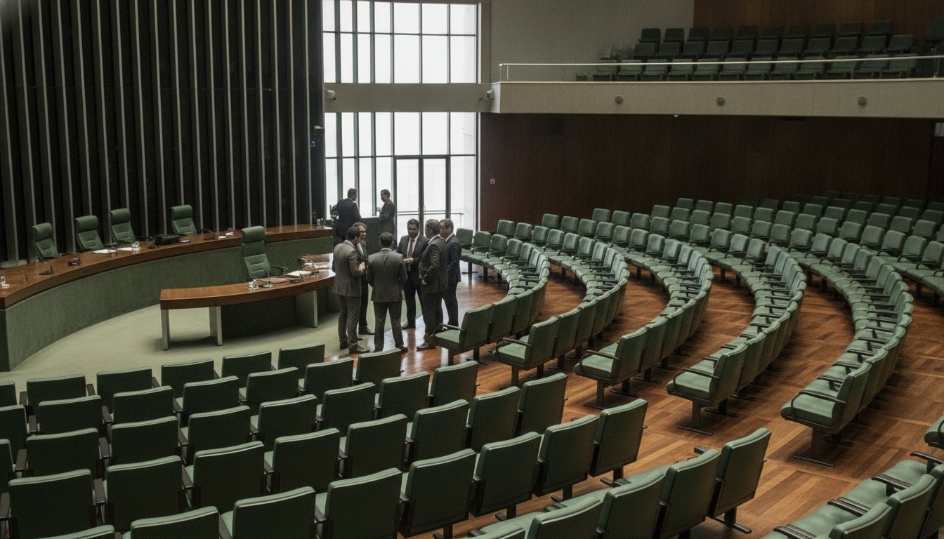 Plenário vazio com poltronas verdes e parlamentares conversando em pequenos grupos perto da mesa diretora