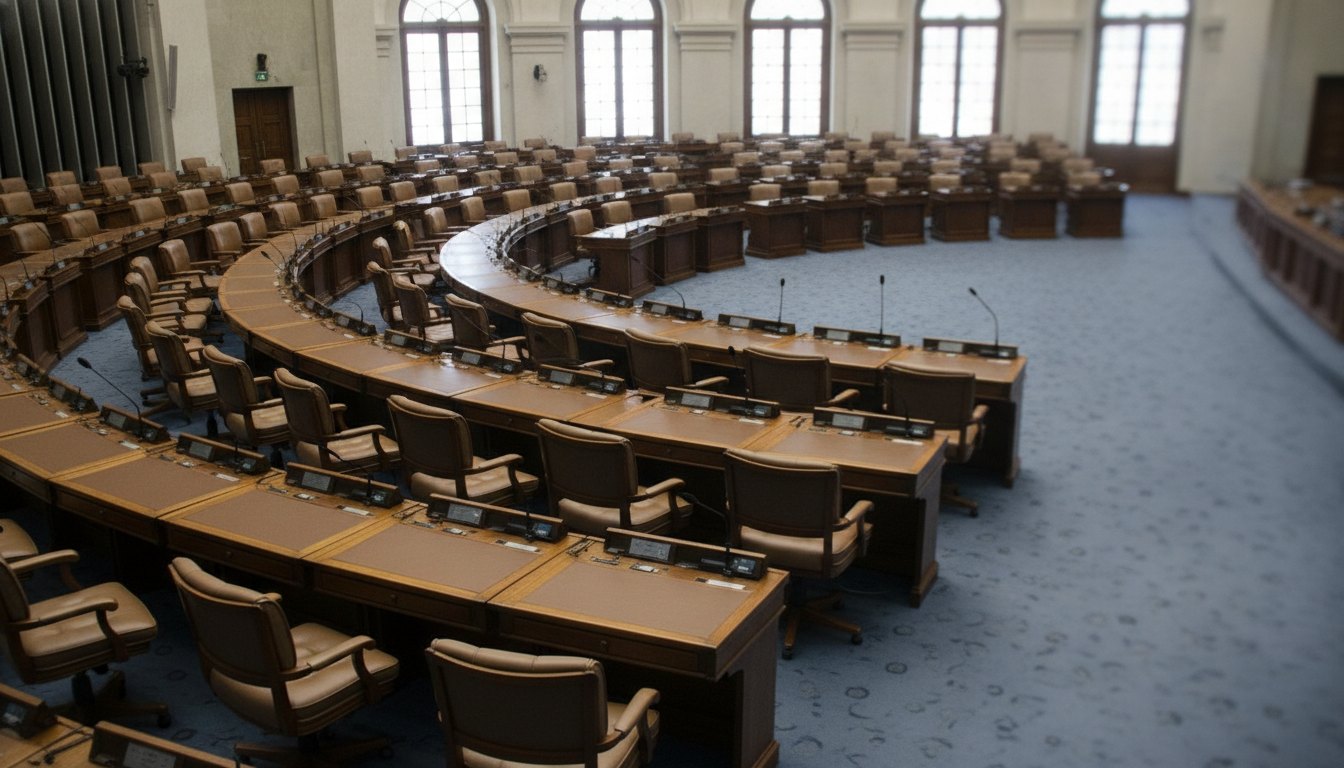 Plenário vazio com microfones sobre as mesas e cadeiras dispostas em formato circular no parlamento.